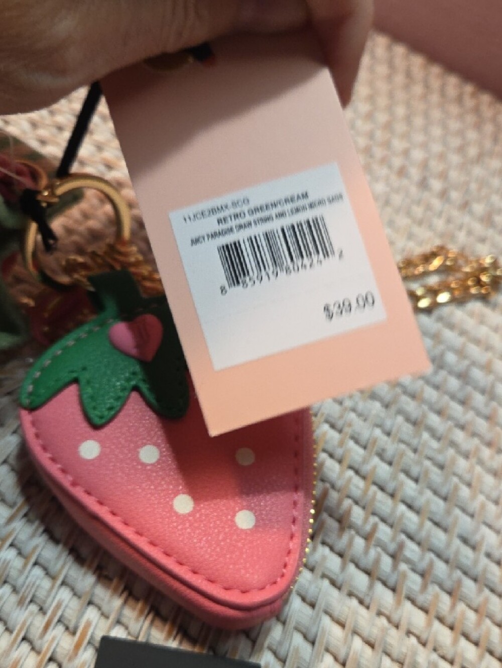 Juicy Couture Pink Strawberry Charm with Green Striped Mini Bag Keyring - Picture 3 of 5
